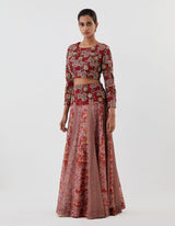 Red Embellished Crop Top with Lehenga Set