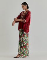Multicolor Rosette Nomad Drape Skirt In Crinkle Fabric Paired With Poncho Top