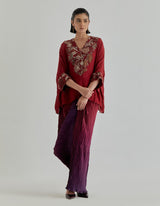 Red With Maroon Rosette Nomad Drape Skirt In Crinkle Fabric Paired With Poncho Top
