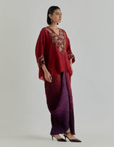 Red With Maroon Rosette Nomad Drape Skirt In Crinkle Fabric Paired With Poncho Top