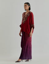 Red With Maroon Rosette Nomad Drape Skirt In Crinkle Fabric Paired With Poncho Top