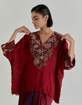 Red With Maroon Rosette Nomad Drape Skirt In Crinkle Fabric Paired With Poncho Top