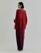 Red With Maroon Rosette Nomad Drape Skirt In Crinkle Fabric Paired With Poncho Top