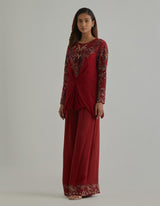Red Embroidered Poncho Set