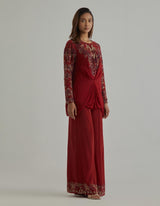 Red Embroidered Poncho Set