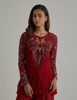 Red Embroidered Poncho Set