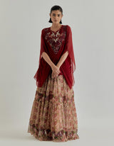 Multicolor Rosette Nomad Printed Chiffon Poncho Paired With Shaded Skirt
