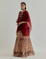 Multicolor Rosette Nomad Printed Chiffon Poncho Paired With Shaded Skirt