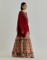 Multicolor Rosette Nomad Printed Chiffon Poncho Paired With Shaded Skirt