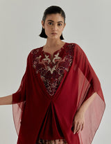 Multicolor Rosette Nomad Printed Chiffon Poncho Paired With Shaded Skirt