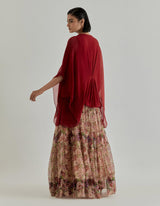 Multicolor Rosette Nomad Printed Chiffon Poncho Paired With Shaded Skirt