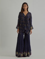 Blue Printed and Embroidered Loose-Fit Poncho with Sharara Set