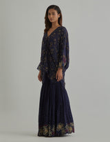 Blue Printed and Embroidered Loose-Fit Poncho with Sharara Set
