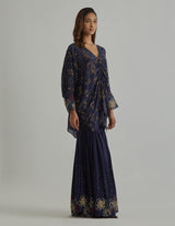 Blue Printed and Embroidered Loose-Fit Poncho with Sharara Set
