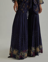 Blue Printed and Embroidered Loose-Fit Poncho with Sharara Set