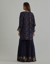 Blue Printed and Embroidered Loose-Fit Poncho with Sharara Set