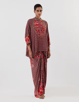 Red Printed Top with Cowl Skirt