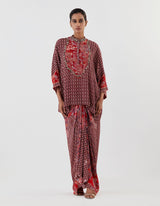 Red Printed Top with Cowl Skirt