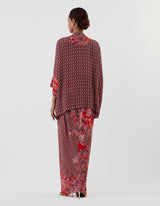 Red Printed Top with Cowl Skirt