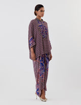 Blue Printed Top with Cowl Skirt