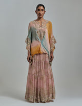 Multicolor Printed Skirt Paired With Embellished Poncho