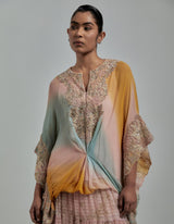 Multicolor Printed Skirt Paired With Embellished Poncho