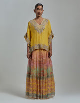 Multicolor Printed Skirt Paired With Embellished Poncho