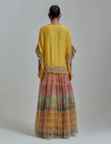 Multicolor Printed Skirt Paired With Embellished Poncho