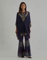 Blue Embroidered Fit and Flare Pants with Loose Fit Poncho Top