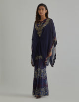 Blue Embroidered Fit and Flare Pants with Loose Fit Poncho Top