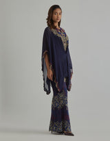 Blue Embroidered Fit and Flare Pants with Loose Fit Poncho Top