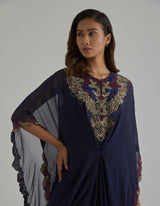 Blue Embroidered Fit and Flare Pants with Loose Fit Poncho Top