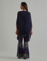 Blue Embroidered Fit and Flare Pants with Loose Fit Poncho Top