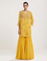 Yellow Hand Embroidered Kurta with Sharara and Dupatta