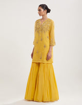 Yellow Hand Embroidered Kurta with Sharara and Dupatta