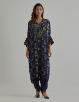 Blue Printed and Embroidered Loose Fit Kurta with Salwar