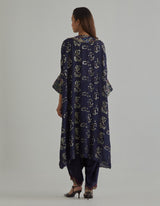 Blue Printed and Embroidered Loose Fit Kurta with Salwar