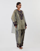 Green Embroidered Anti Fit Tissue Kurta with Salwar