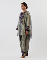 Green Embroidered Anti Fit Tissue Kurta with Salwar