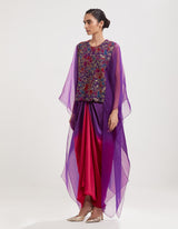 Purple Hand Embroidred Cape with Ombre Skirt and Inner