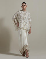 Ivory Embroidered Kaftan Top With Drape Skirt