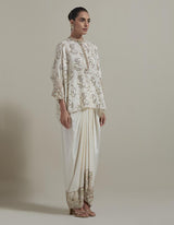 Ivory Embroidered Kaftan Top With Drape Skirt