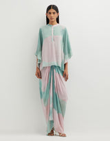 Multicolor Printed Poncho Top with Cowl Skirt