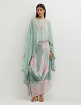 Multicolor Printed Cowl Dress with Hand Embroidered Organza Cape