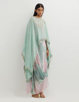 Multicolor Printed Cowl Dress with Hand Embroidered Organza Cape
