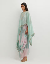 Multicolor Printed Cowl Dress with Hand Embroidered Organza Cape