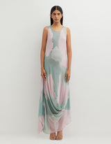 Multicolor Printed Cowl Dress with Hand Embroidered Organza Cape