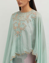 Multicolor Printed Cowl Dress with Hand Embroidered Organza Cape