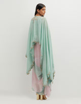 Multicolor Printed Cowl Dress with Hand Embroidered Organza Cape