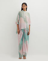 Multicolor Printed Poncho Top with Cowl Skirt
